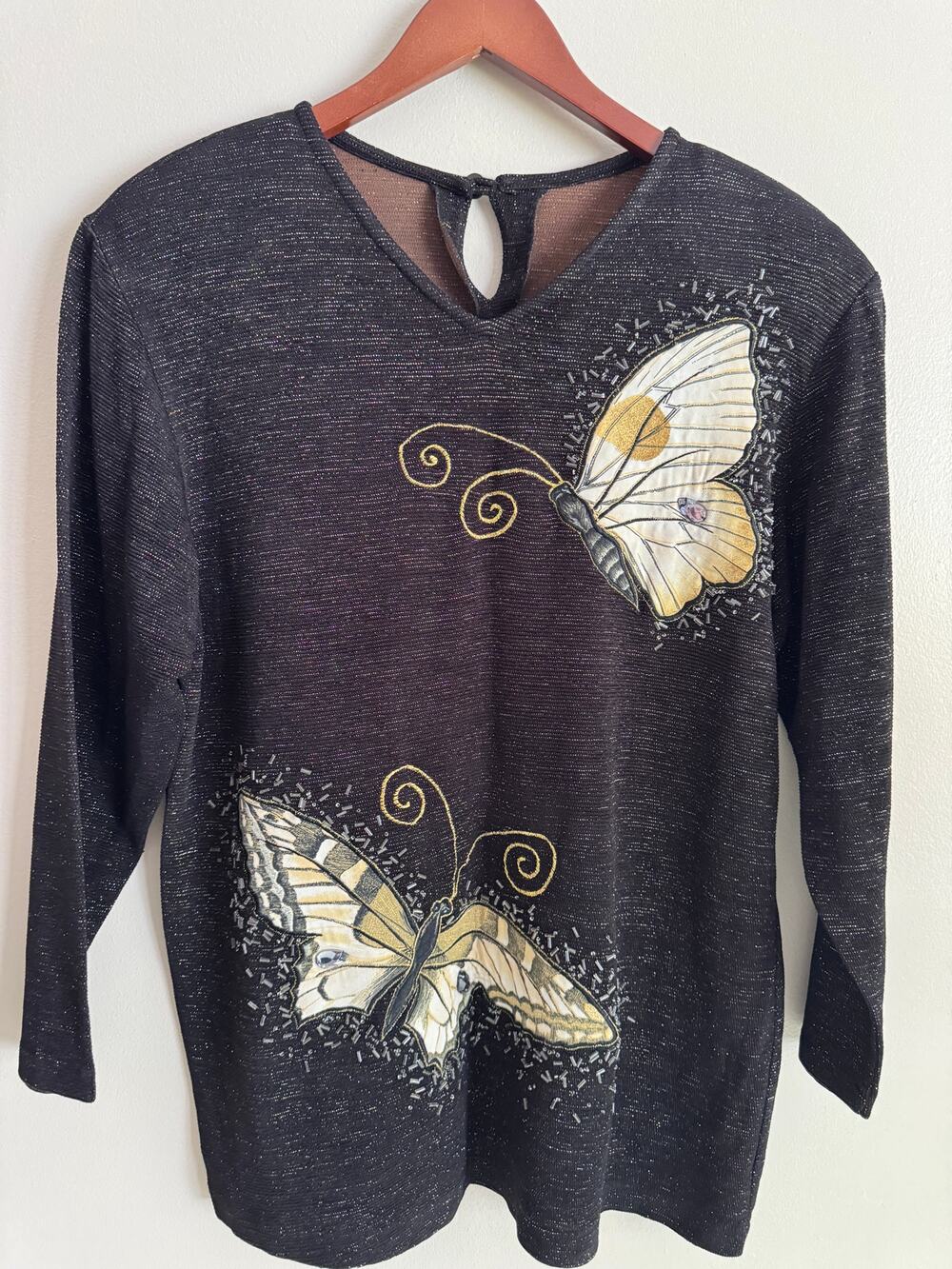 Vintage Black Metallic Butterfly Beaded Embellished Knit Top